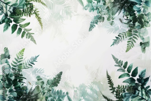 A watercolor painting of a white background with a border of various green leaves and ferns.