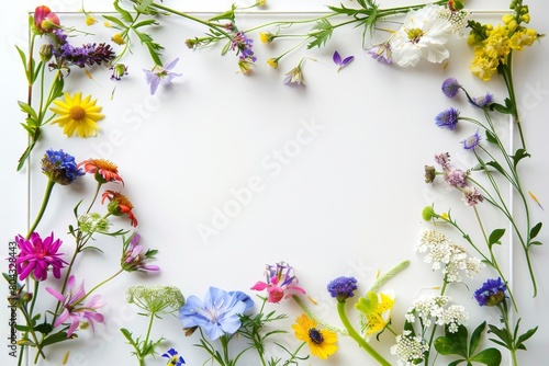 A variety of colorful flowers arranged on a white background