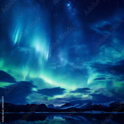 majestic sky with aurora and stars blue northern  ights wallpaper, Majestic Sky with Aurora and Stars: Blue Northern Light ai generate  © Nadia