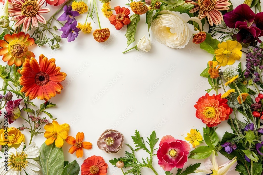 Fototapeta premium A variety of flowers arranged in a circle on a white background.