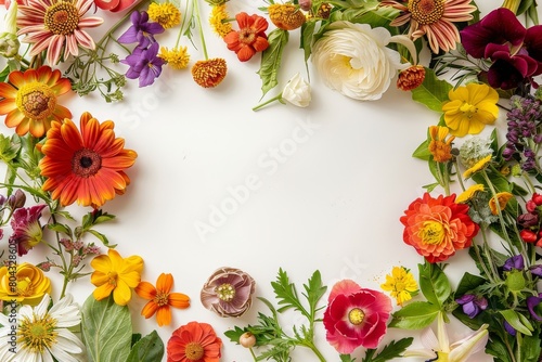 A variety of flowers arranged in a circle on a white background.