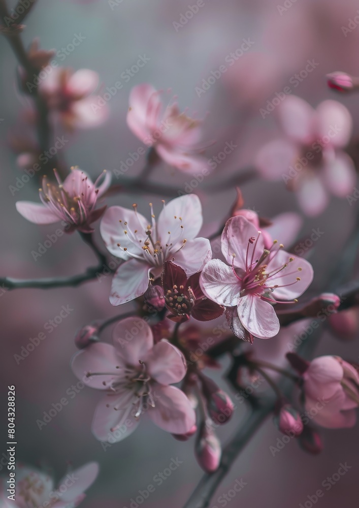 A branch of delicate pink cherry blossoms against a blurred background. A branch of delicate pink cherry blossoms against a blurred background.