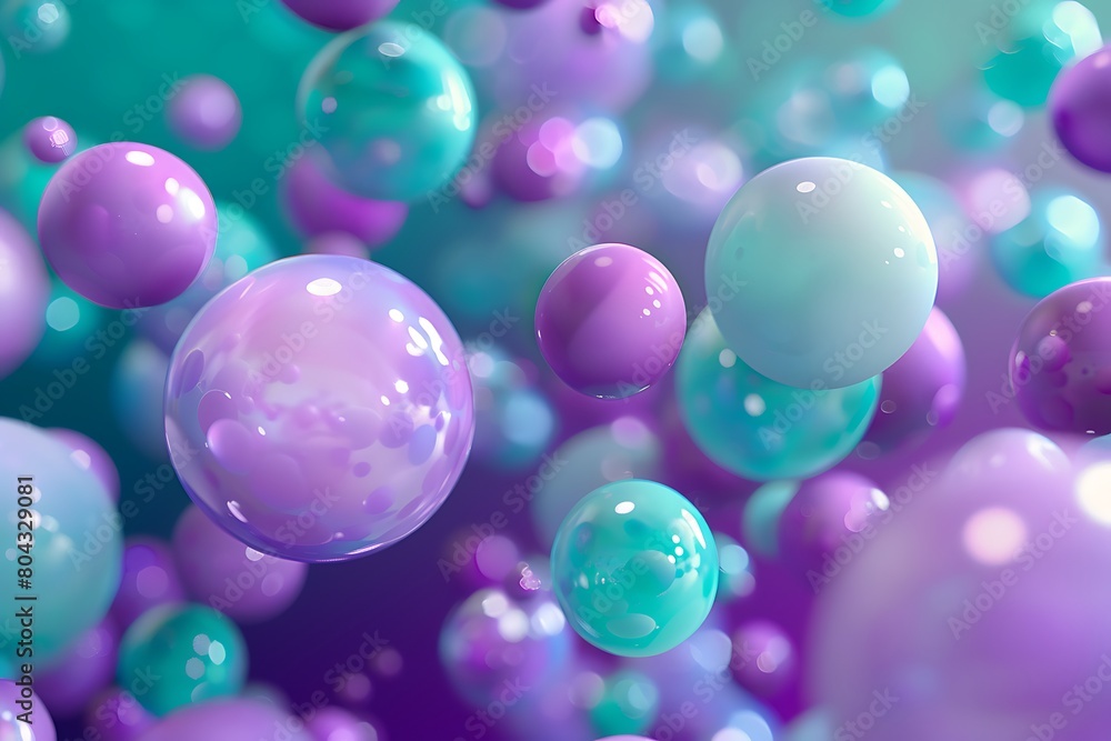 several small, round soft spheres arranged in artistic composition in purple and teal hues. concepts marketing and advertising, background for promotional materials, websites or product AI generated .