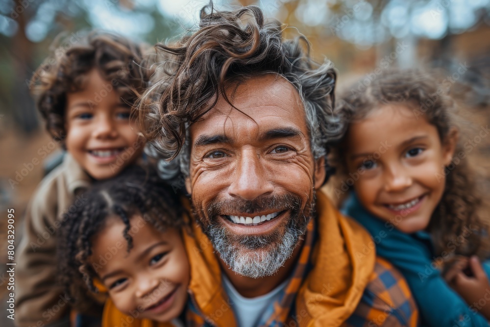 Man with curly gray hair and big smile taking a selfie with three happy children outdoors Man with curly gray hair and big smile taking a selfie with three happy children outdoors