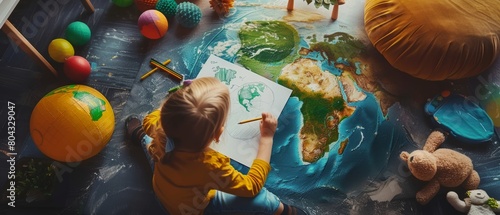 An adorable little girl is drawing our green planet while having fun at home on the floor. She imagines our planet as a happy place with sustainable living. Sunny day at home.