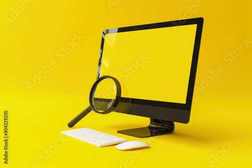 Magnifying glass on computer screen, technology concept, online opportunities, visualization.