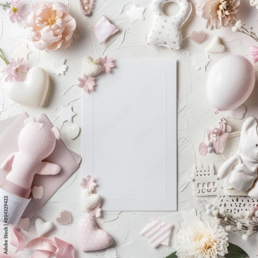 A flat lay of a variety of pink and white baby items including a stuffed bear, flowers, and toys on a white textured background. A flat lay of a variety of pink and white baby items including a stuffed bear, flowers, and toys on a white textured background.