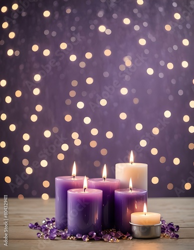 Purple Candles with bokeh, glowing lights, flame burning with seasonal, invitation, graphic resource cover for online sales, product display or holiday decoration. 