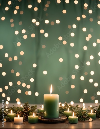 Green Candles with golde bokeh, glowing lights, flame burning with seasonal, invitation, graphic resource cover for online sales, product display or holiday decoration. 