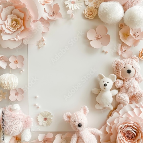 A beautiful arrangement of pink and white paper flowers and stuffed animals on a white background. photo