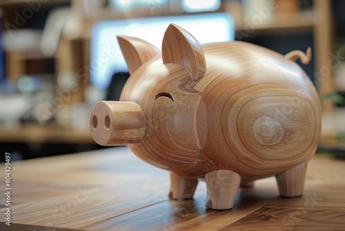 Pig piggy bank made of wood on the table, concept of savings, finance, investment, office in the background.