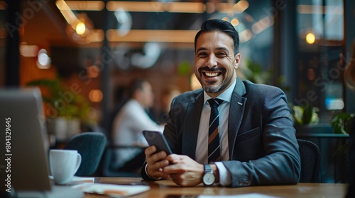 Business man, phone and portrait in meeting room, happy or email notification for deal, networking or company. Accountant, smartphone and smile in boardroom with typing, fintech and pride at office