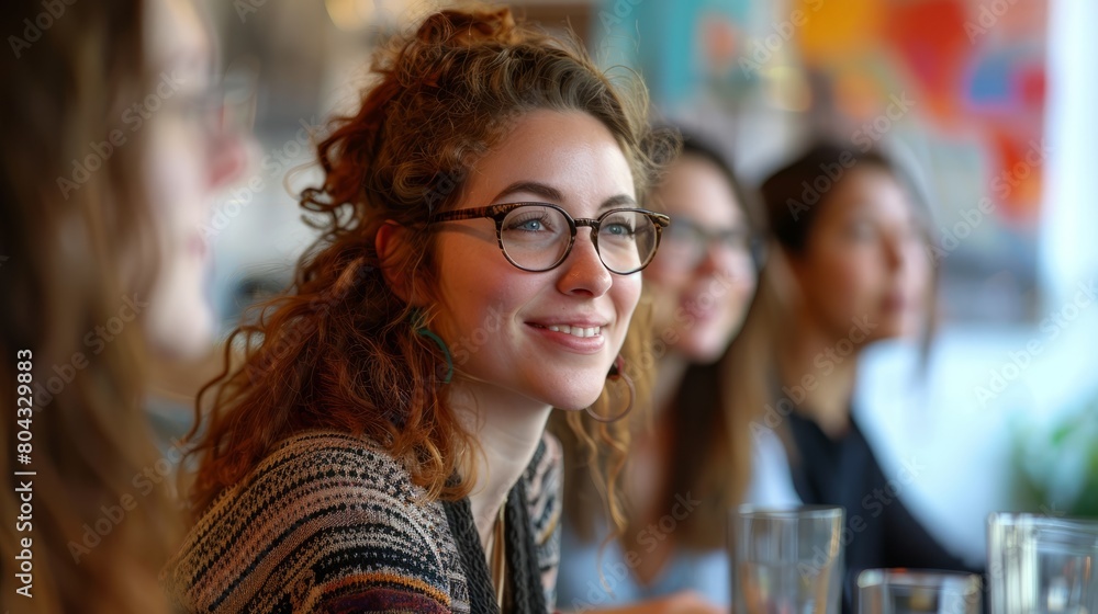 A young woman with curly hair and glasses is smiling. A young woman with curly hair and glasses is smiling.