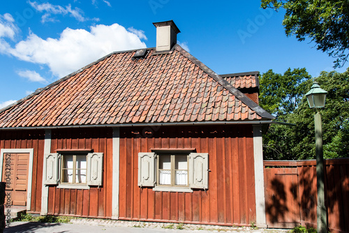 Old Swedish wooden house in Skansen park, Stockholm, Sweden, Europe