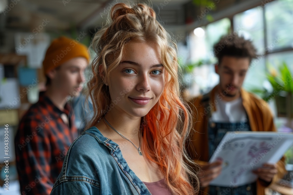 A young woman with orange hair stands out in an artistic workshop setting, reflecting creativity A young woman with orange hair stands out in an artistic workshop setting, reflecting creativity