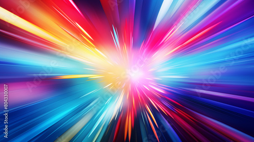 Flash rainbow abstract colorful background design. Multi-colored stripes and lines in perspective and converging into a point. Explosive light speed rays effect. Flash of bright light. Digital art. AI