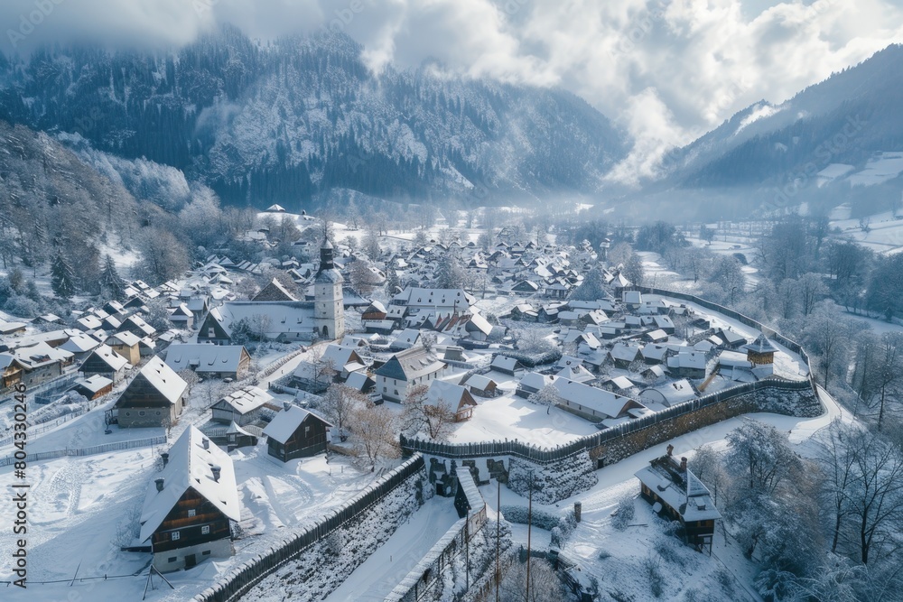 Top view of a snow-covered medieval era village with picket wall.
