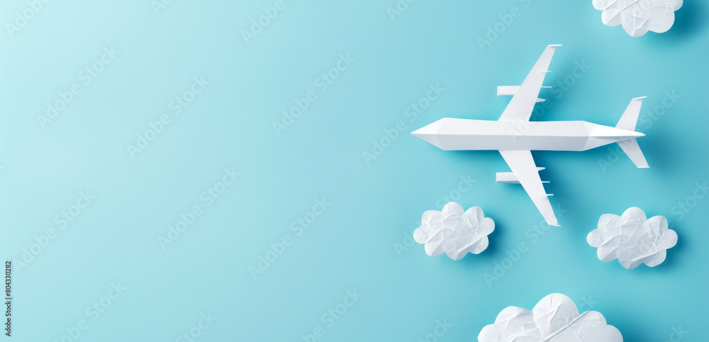 A paper plane flying above paper clouds, flat graphic style, light blue background, concept of travel and creativity, Generative AI. Generative AI A paper plane flying above paper clouds, flat graphic style, light blue background, concept of travel and creativity, Generative AI. Generative AI