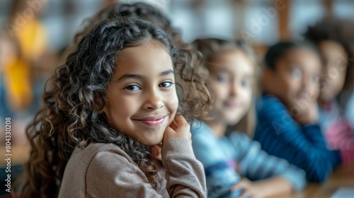 A young girl with curly hair smiles at the camera while sitting in a classroom.