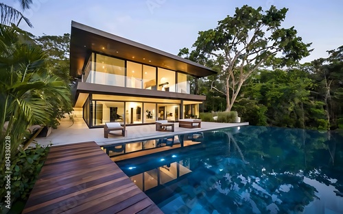 modern house in the middle of the jungle, modern and luxury house, Generative AI © Graphic ELE