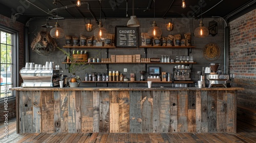 Rustic coffee shop interior with wood plank bar and shelves, brick walls, and hanging lights.