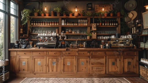 An image of a coffee shop interior with a wooden counter, shelves stocked with jars and bottles, and a variety of coffee-making equipment. photo