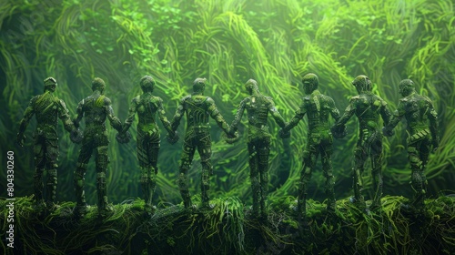 A group of robots covered in plants and moss stand in a lush green field  holding hands