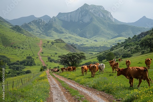 A vibrant image capturing the movement of a herd of cows along a scenic mountain path on a beautiful day photo