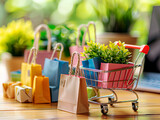 Colorful shopping bags and a miniature shopping cart with a plant, depicted in a realistic style against a blurred natural background, evoking a concept of eco-friendly shopping. Generative AI