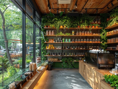 An interior image of a coffee shop with a large glass window, wooden shelves, and plants. © Lucky_jl