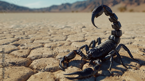 Black scorpion with stinger on the desert photo