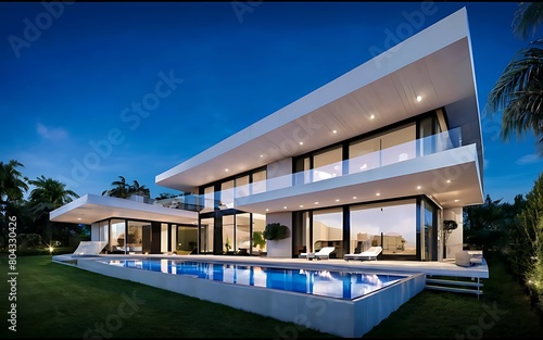 modern and luxury house with pool, glass and concrete modern house, Generative AI © Graphic ELE