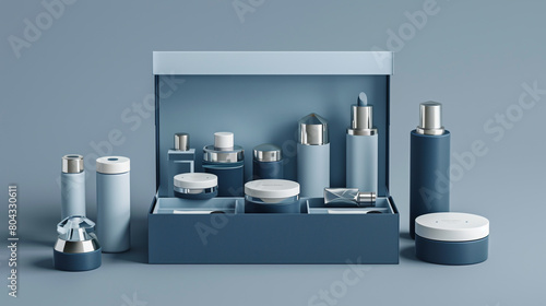 blue box with cosmetics set in blue box 3d mockup © HillTract