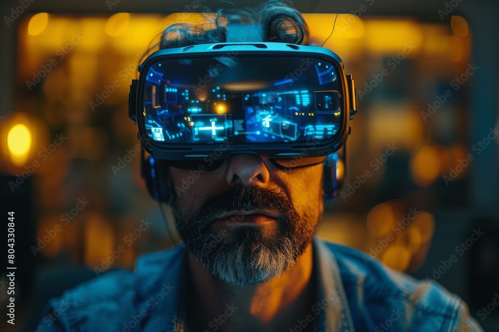 An individual lost in the immersive world of virtual reality, showcased against a backdrop of warm indoor lighting An individual lost in the immersive world of virtual reality, showcased against a backdrop of warm indoor lighting