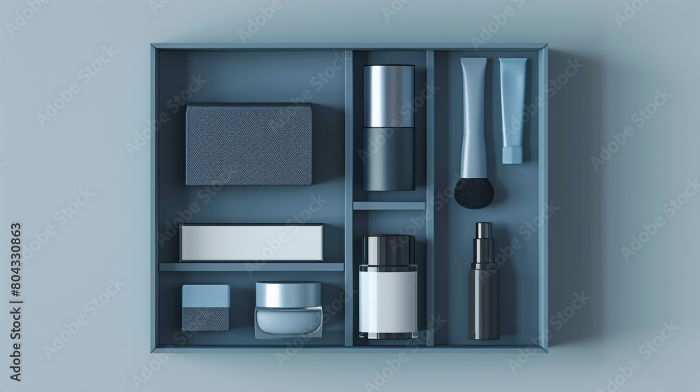 blue box with cosmetics set in blue box 3d mockup