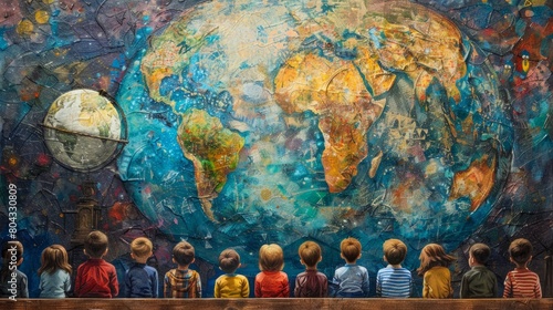 A group of children are looking at a colorful mural of the Earth. photo