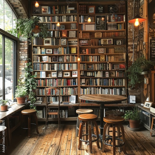 A cozy library with a large wooden bookshelf filled with books, a round wooden table with 3 stools, and plants sitting by the windows.