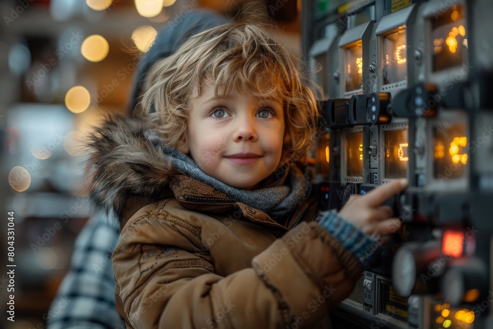 A young, curly-haired boy focuses intently on control buttons with glowing lights around him A young, curly-haired boy focuses intently on control buttons with glowing lights around him