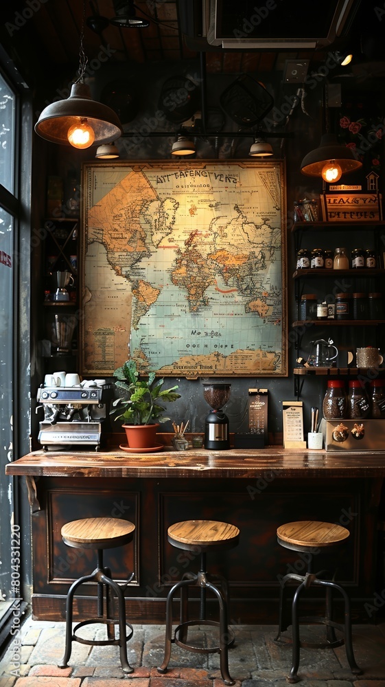 A coffee shop with a world map on the wall and a wooden counter.