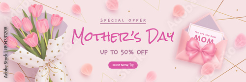 Mother's day sale flyer, wallpaper, billboard or web banner with realistic 3d tulips, envelope, petals on pink background. Best mom. Vector illustration photo