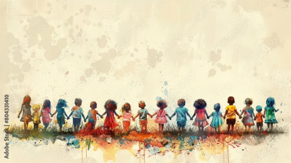 Obraz premium A watercolor painting of a group of diverse children holding hands and standing in a field of grass.