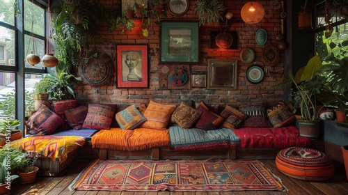 A living room with a lot of colorful pillows, blankets, and plants. There are also some pictures and other decorations on the walls. The room has a very cozy and inviting atmosphere. © Lucky_jl