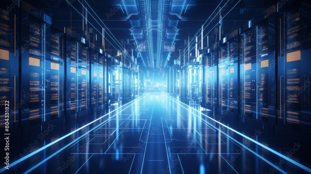 conceptual server room with neon blue emissive. conceptual server room with neon blue emissive.