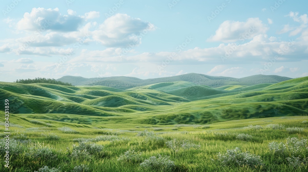 A vast, green field with a few trees scattered throughout. The sky is clear and blue, with a few clouds in the distance. Scene is peaceful and serene, with the vast expanse of grass