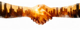 A handshake blended over a city skyline, concept of business partnership, on a bright background. Generative AI