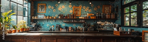 interior of a coffee shop with blue floral wallpaper, wooden counter, and plants photo