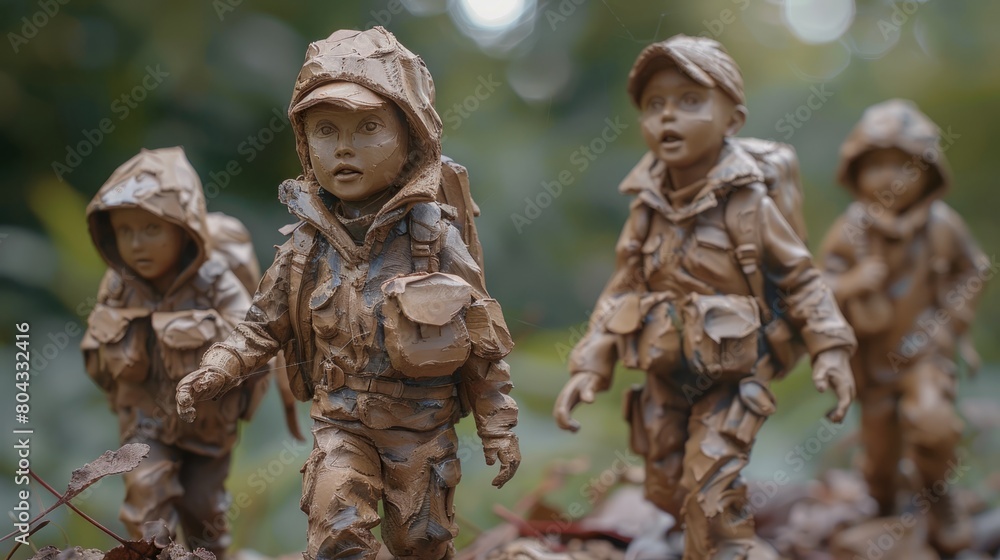 Four children are dressed in army uniforms and are walking through a muddy field. The children are wearing backpacks and appear to be soldiers. The scene is a representation of the hardships