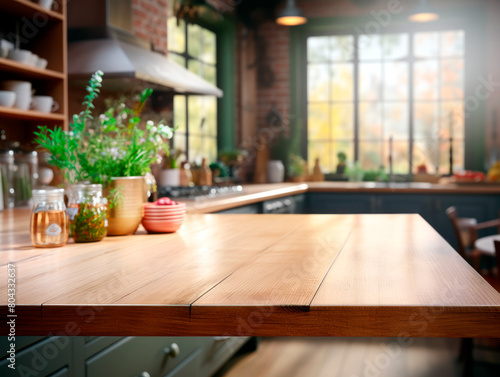 A warm  sunlight-lit kitchen interior with wooden countertops and greenery on the background  invoking a cozy atmosphere. Generative AI