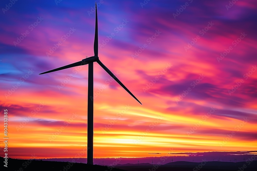 Obraz premium A silhouette of a wind turbine against a vibrant sunset backdrop.
