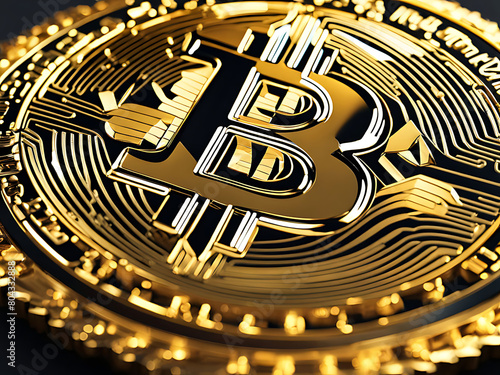 Representation of gold bitcoin cryptocurrency symbol. Close up. Bokeh effect. Virtual money concept. Bitcoin blockchain cryptocurrency mining technology